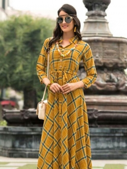 Yellow Rayon Printed Anarkali Kurtis