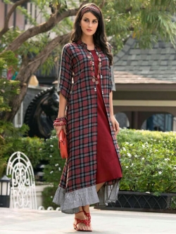 Maroon Rayon Printed Anarkali Kurtis