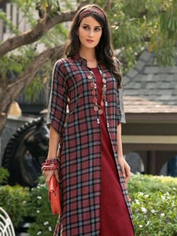 Maroon Rayon Printed Anarkali Kurtis