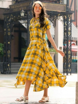 Yellow Rayon Printed Anarkali Kurtis