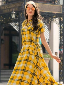Yellow Rayon Printed Anarkali Kurtis