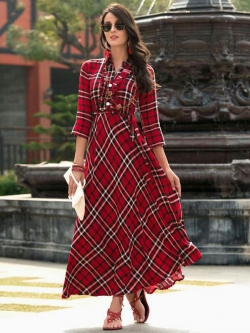 Red Rayon Printed Anarkali Kurtis