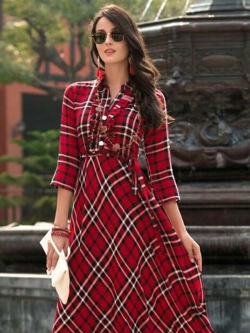 Red Rayon Printed Anarkali Kurtis