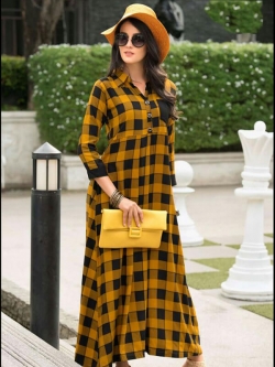 Yellow Rayon Printed Anarkali Kurtis