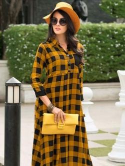 Yellow Rayon Printed Anarkali Kurtis