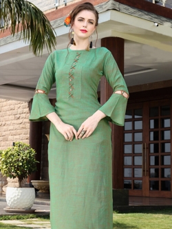 Green Rayon Plain A Line Kurtis