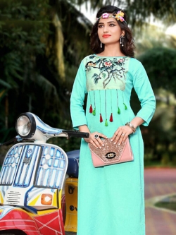 Firozi Linen Rayon Printed A Line Kurtis