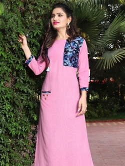 Light Pink Linen Rayon Printed A Line Kurtis