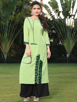 Green Linen Rayon Printed A Line Kurtis