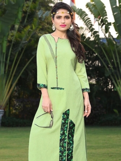 Green Linen Rayon Printed A Line Kurtis