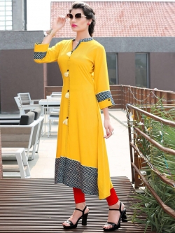 Yellow Rayon Printed Anarkali Kurtis