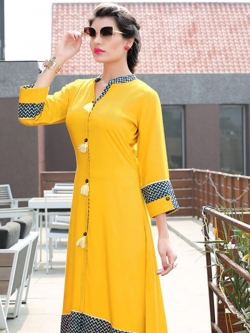 Yellow Rayon Printed Anarkali Kurtis