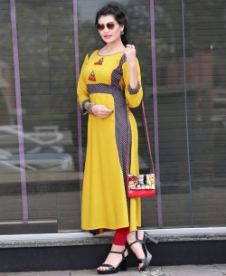Yellow Rayon Printed Anarkali Kurtis