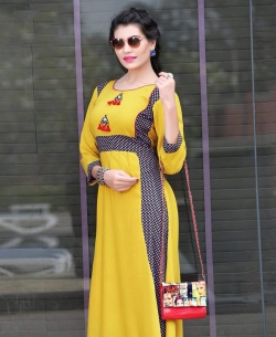 Yellow Rayon Printed Anarkali Kurtis