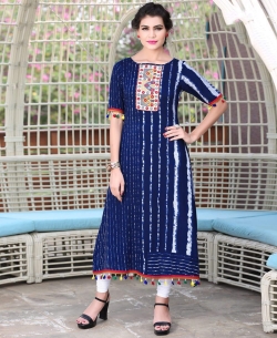 Navy Blue Rayon Printed Anarkali Kurtis