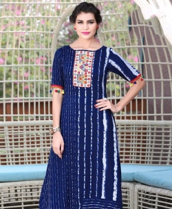Navy Blue Rayon Printed Anarkali Kurtis
