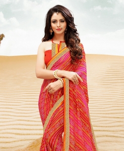 Multi Georgette Printed Bhandej, Lace Border Border Sarees
