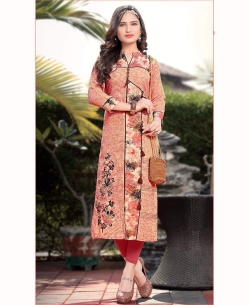 Peach Semi Linen Cotton Embroidery Straight Cut Kurtis