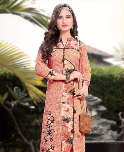 Peach Semi Linen Cotton Embroidery Straight Cut Kurtis