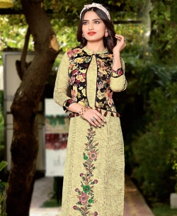 Light Green Semi Linen Cotton Embroidery Straight Cut Kurtis