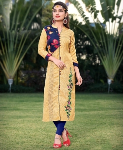 Yellow Semi Linen Cotton Embroidery Straight Cut Kurtis
