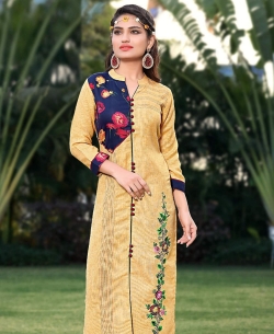 Yellow Semi Linen Cotton Embroidery Straight Cut Kurtis