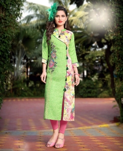 Green Semi Linen Cotton Embroidery Straight Cut Kurtis