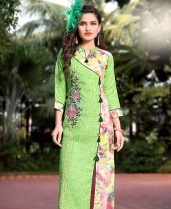 Green Semi Linen Cotton Embroidery Straight Cut Kurtis