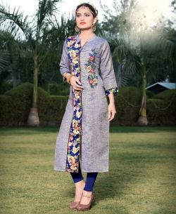 Grey Semi Linen Cotton Embroidery Straight Cut Kurtis