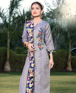 Grey Semi Linen Cotton Embroidery Straight Cut Kurtis