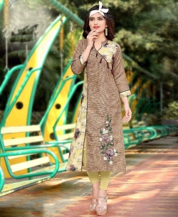 Multi Semi Linen Cotton Embroidery Straight Cut Kurtis