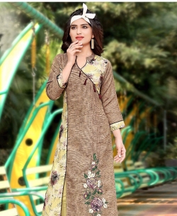 Multi Semi Linen Cotton Embroidery Straight Cut Kurtis
