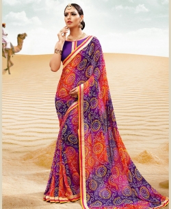 Multi Georgette Printed Bhandej, Lace Border Border Sarees
