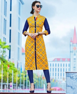 Yellow Cotton Printed Straight Cut Kurtis