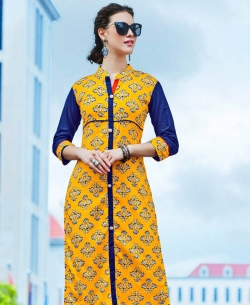 Yellow Cotton Printed Straight Cut Kurtis