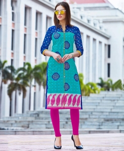 Rama Green Cotton Printed Straight Cut Kurtis