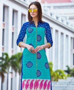 Rama Green Cotton Printed Straight Cut Kurtis