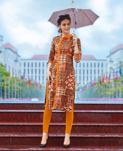 Brown Cotton Printed Straight Cut Kurtis