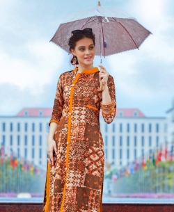 Brown Cotton Printed Straight Cut Kurtis