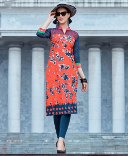 Peach Cotton Printed Straight Cut Kurtis