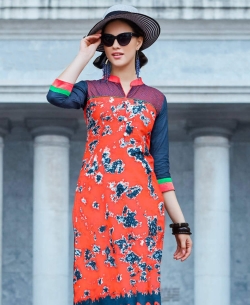 Peach Cotton Printed Straight Cut Kurtis