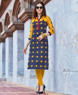 Blue Cotton Printed Straight Cut Kurtis