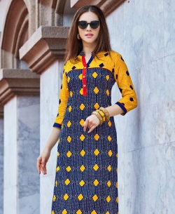 Blue Cotton Printed Straight Cut Kurtis