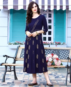Navy Blue Rayon Floral Design Anarkali Kurtis
