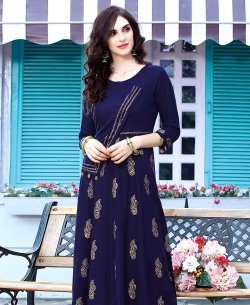 Navy Blue Rayon Floral Design Anarkali Kurtis