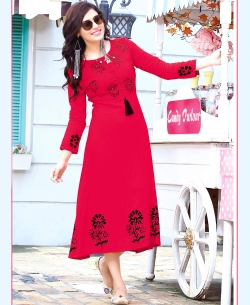 Dark Peach Rayon Floral Design Anarkali Kurtis