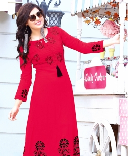 Dark Peach Rayon Floral Design Anarkali Kurtis