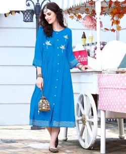 Sky Blue Rayon Floral Design Anarkali Kurtis