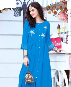 Sky Blue Rayon Floral Design Anarkali Kurtis