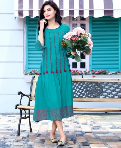 Rama Green Rayon Floral Design Anarkali Kurtis